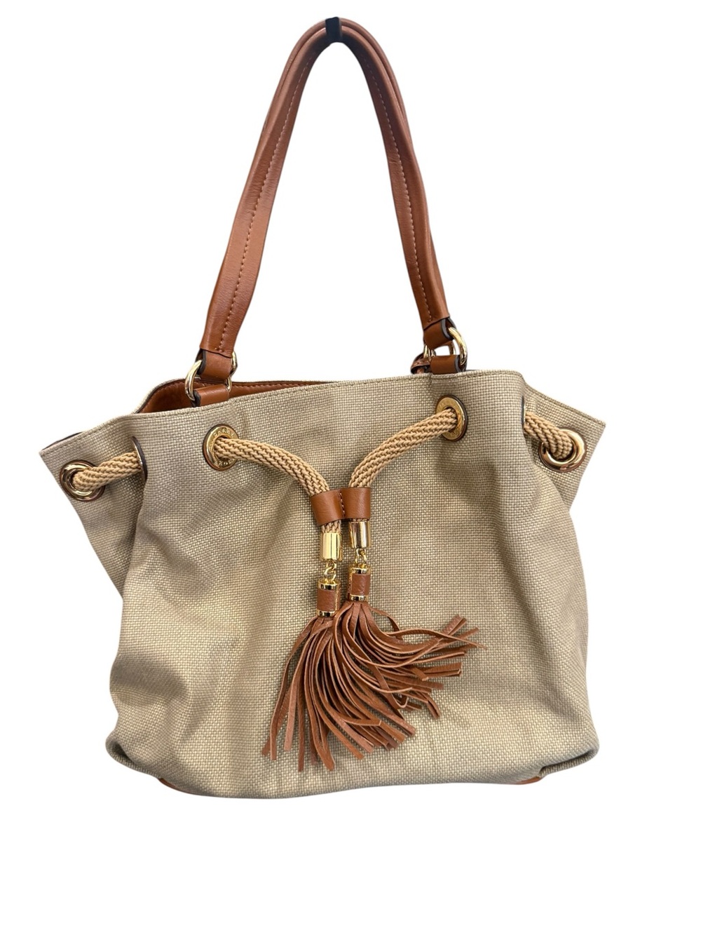 Michael Kors Beige Canvas Tote with Brown Leather Trim and Tassel Accent